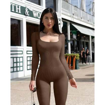 PloppyDolly Women Yoga Skinny Jumpsuits Workout Ribbed Long Sleeve Square Neck Bodycon